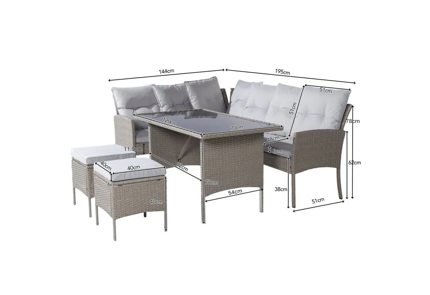 Celya Gartenlounge-Set 7-tlg. Khaki Poly Rattan mit Sofa, Tisch & Kissen