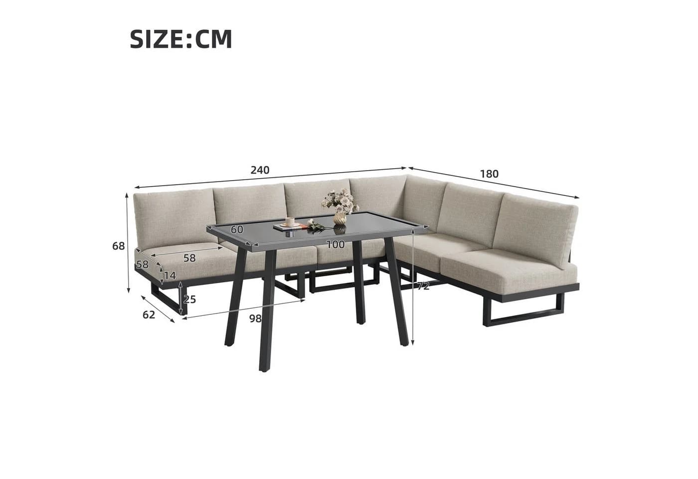 Celya Gartenlounge-Set mit Ecksofa, Relaxbett & Esstisch Grau