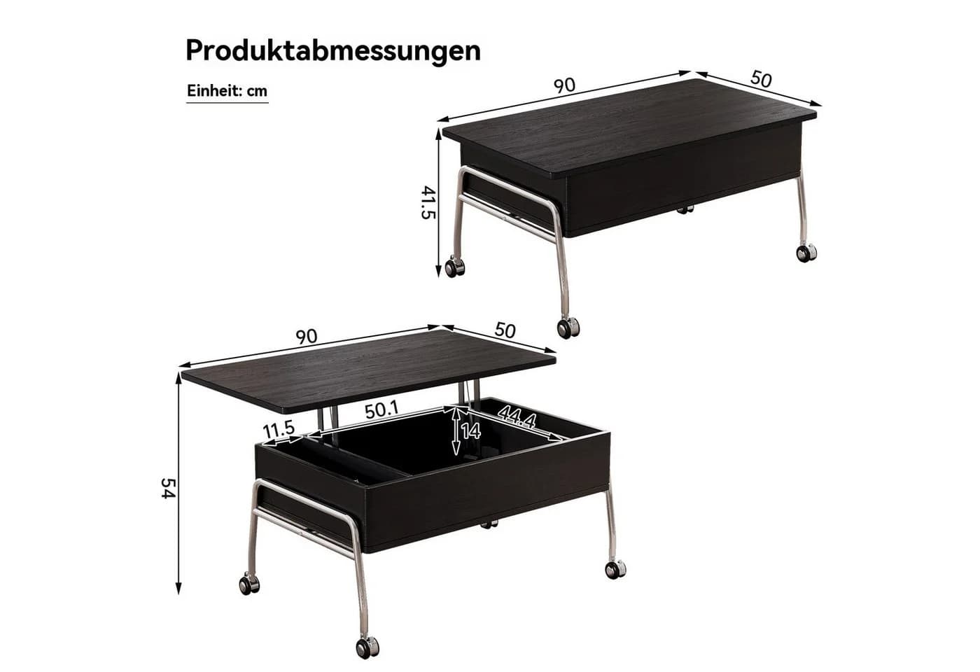 Guyii Höhenverstellbarer Couchtisch Schwarz mit Stauraum & Lift-Top
