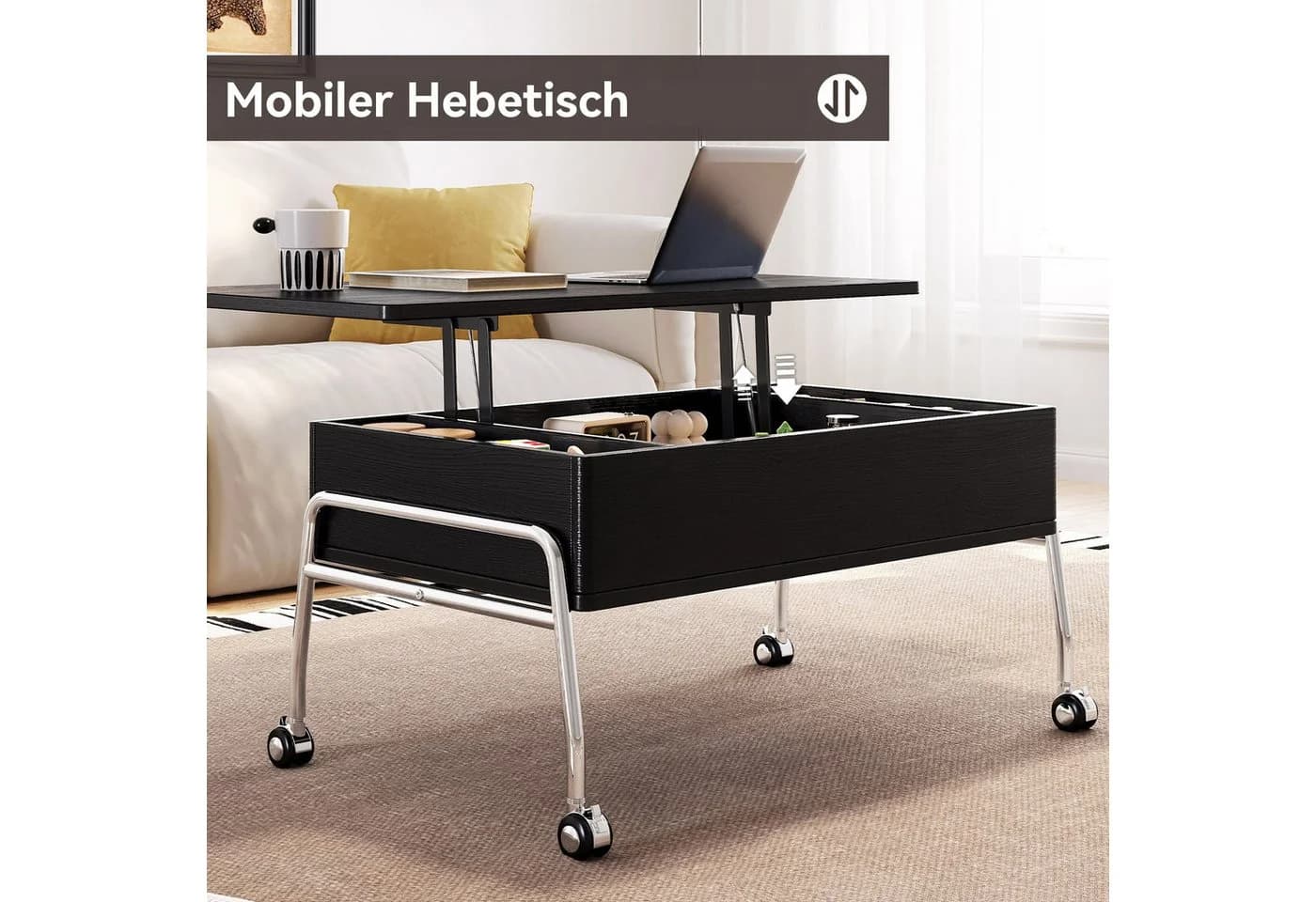 Guyii Höhenverstellbarer Couchtisch Schwarz mit Stauraum & Lift-Top - Bild 5