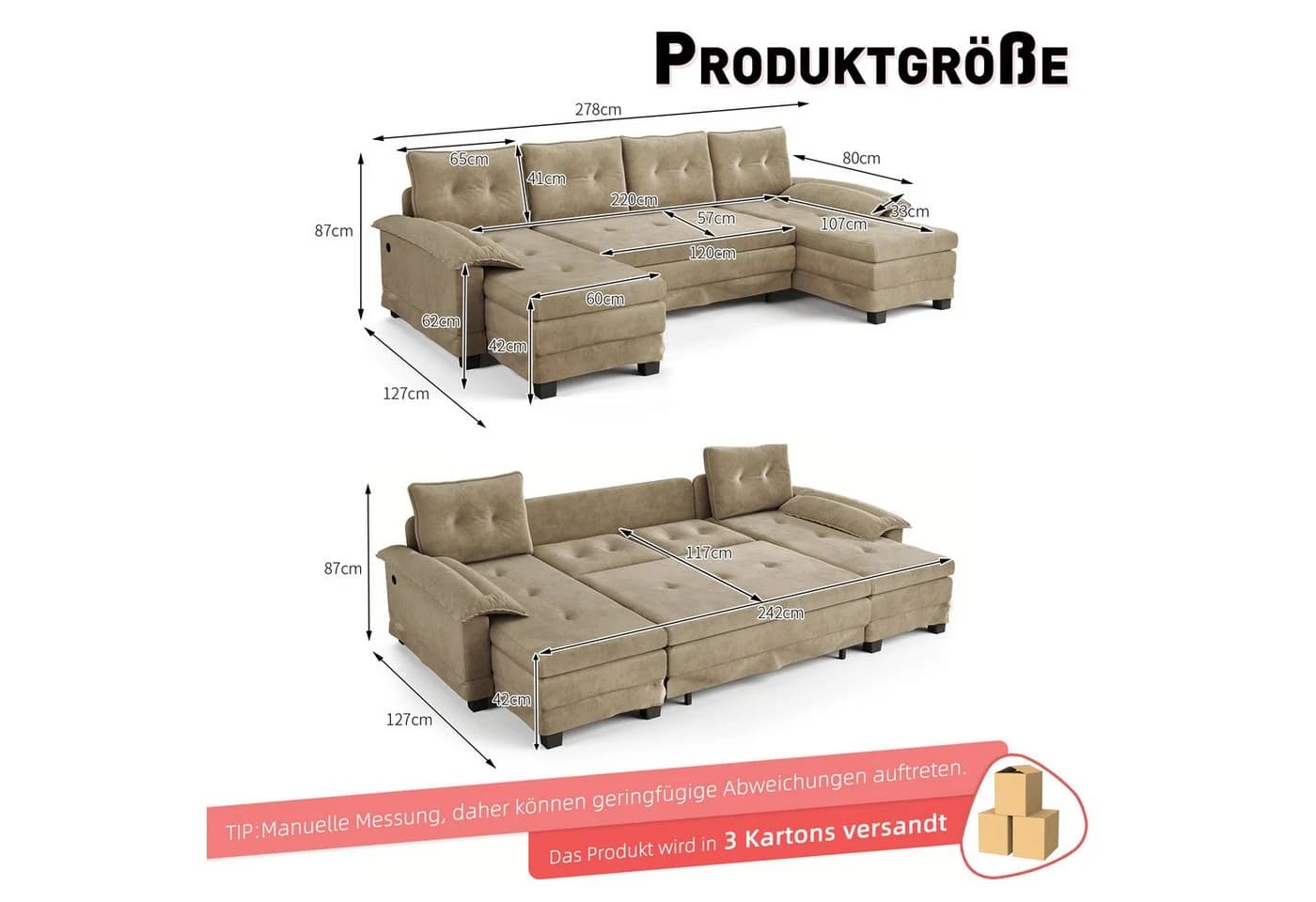 Celya Schlafsofa U-Form mit Bettfunktion und USB-Anschluss