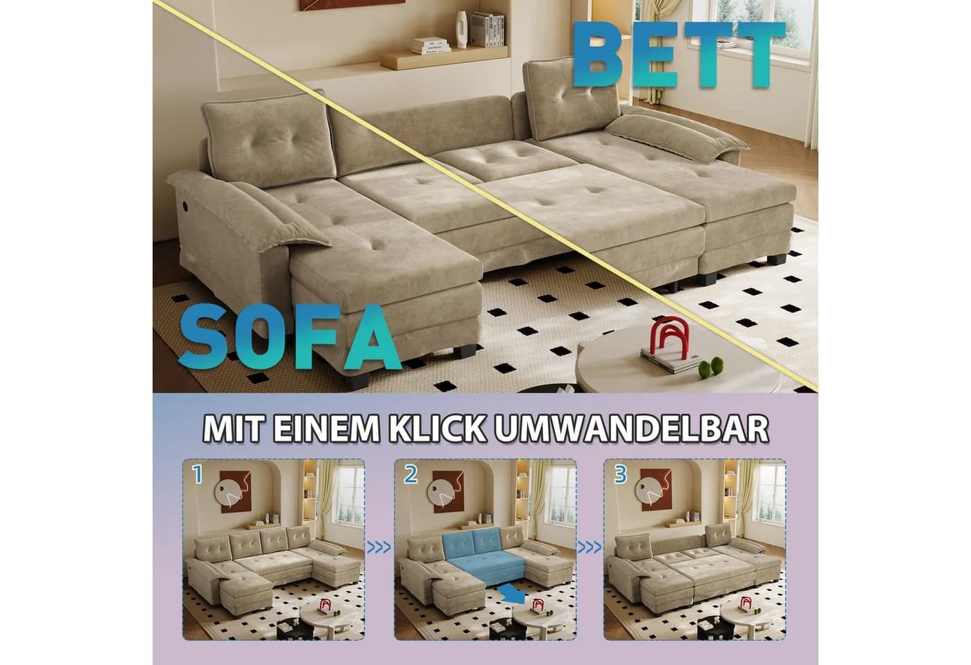 Celya Schlafsofa U-Form mit Bettfunktion und USB-Anschluss - Bild 5