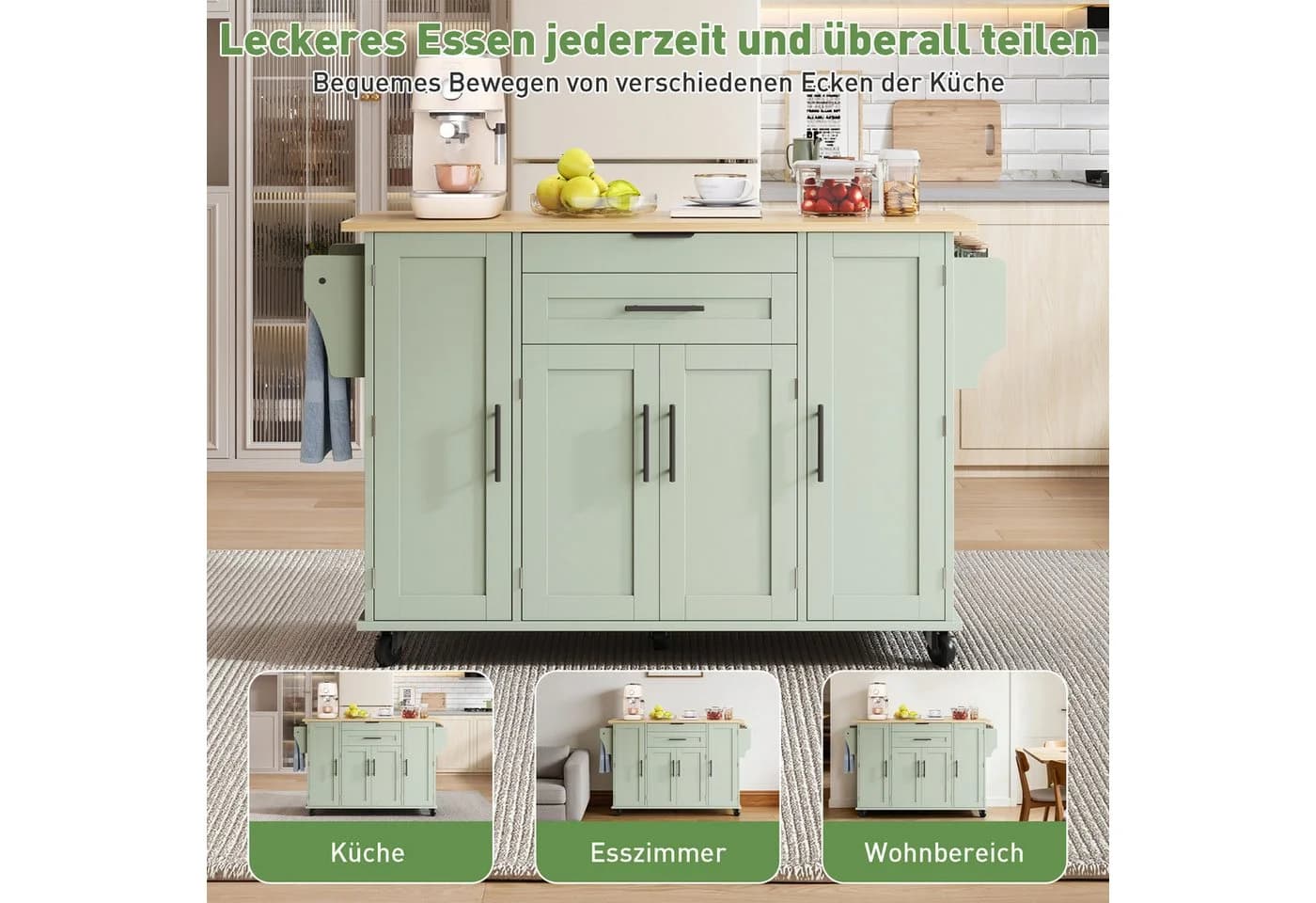 Celya Kücheninsel mit ausklappbarer Arbeitsplatte und Rollen - Bild 3