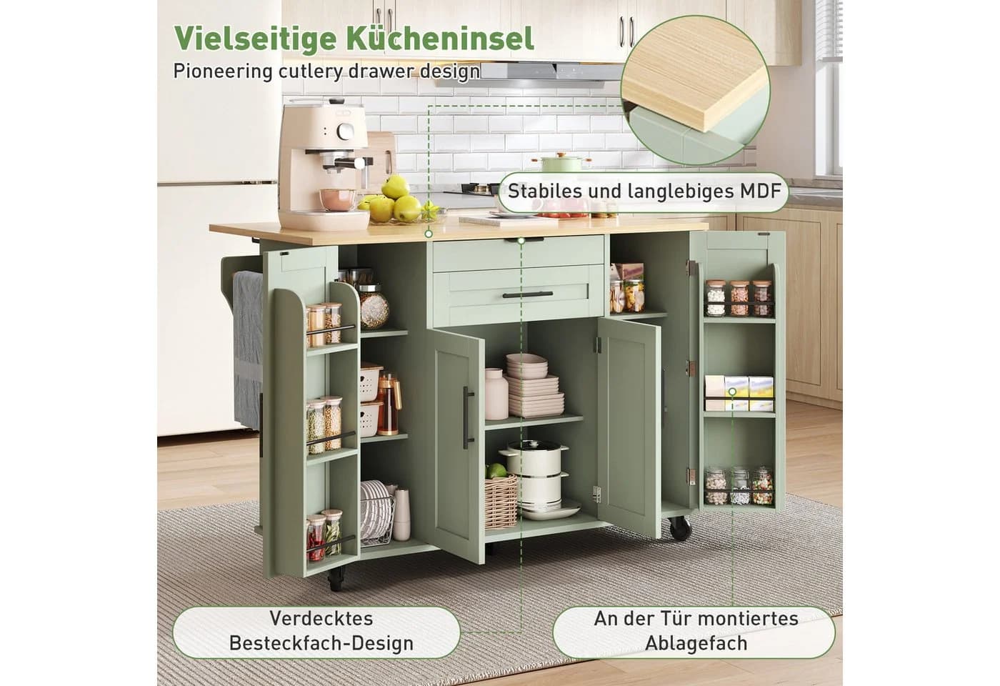 Celya Kücheninsel mit ausklappbarer Arbeitsplatte und Rollen - Bild 4