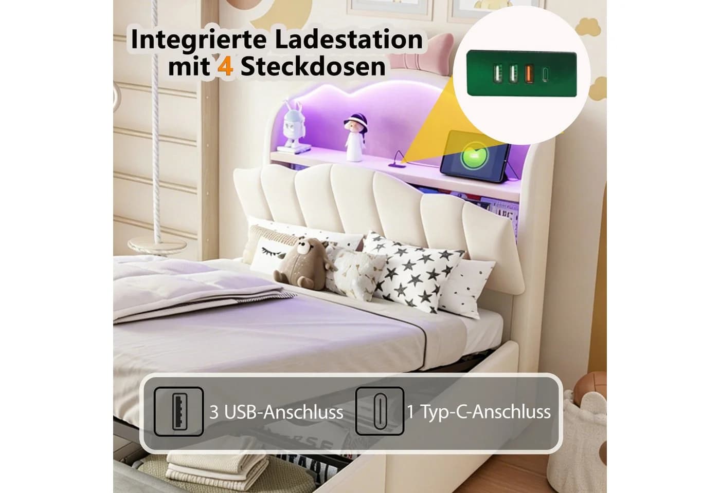 Celya Polsterbett Beige mit LED-Kopfteil & USB-Anschlüssen - Bild 3