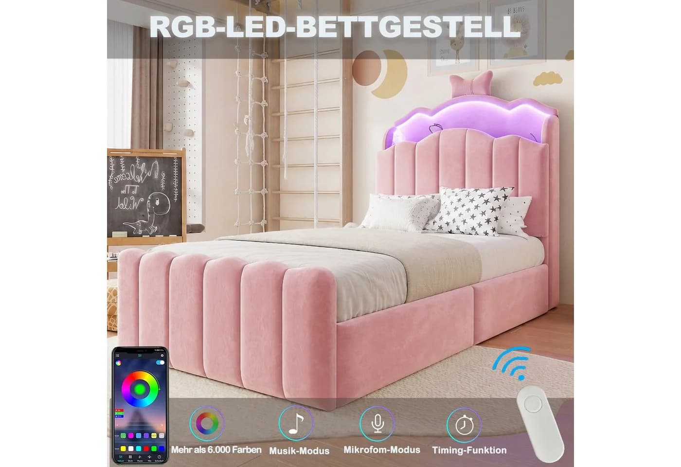 Celya Polsterbett Rosa mit LED-Kopfteil und USB-Anschlüssen - Bild 3