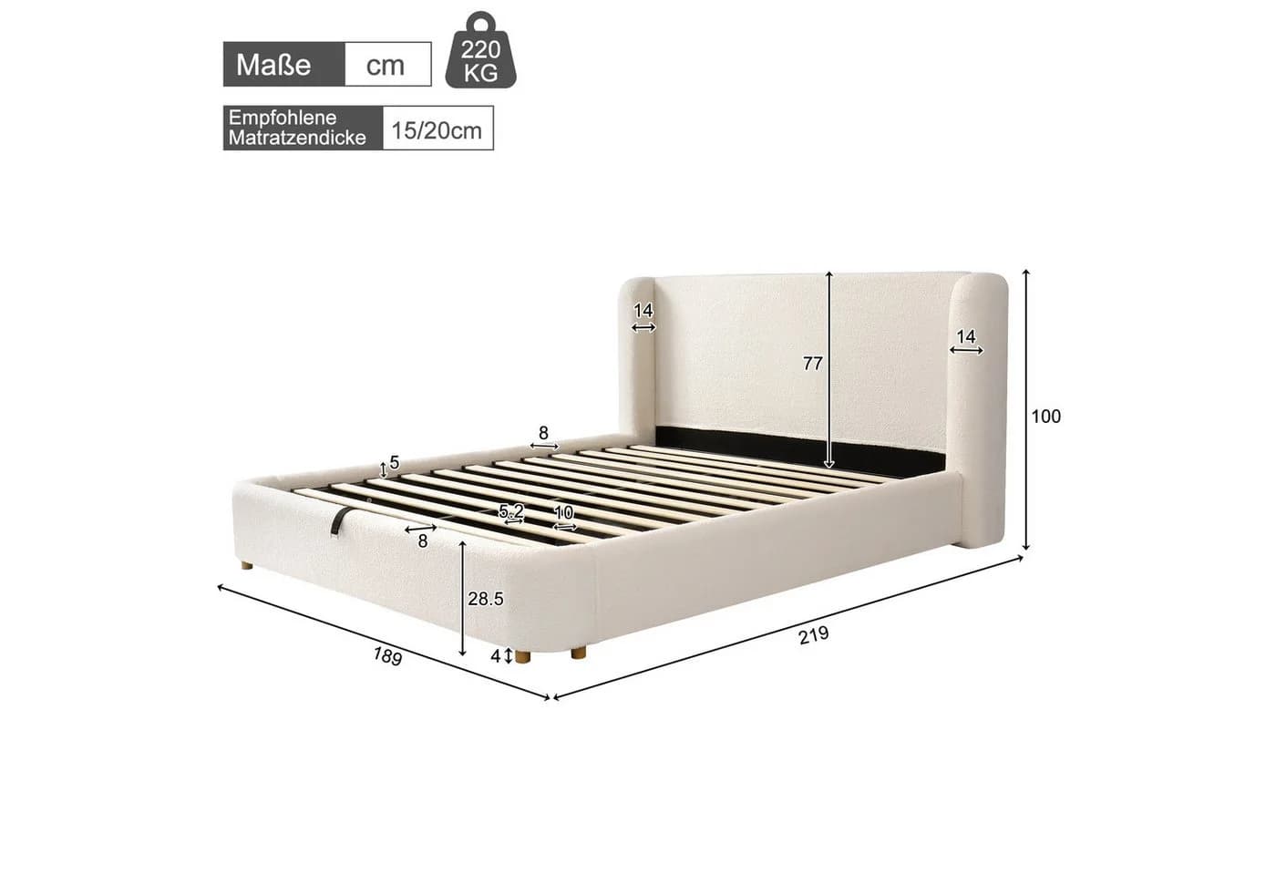 Celya Polsterbett Doppelbett Beige mit hydraulischem Stauraum und Lattenrost