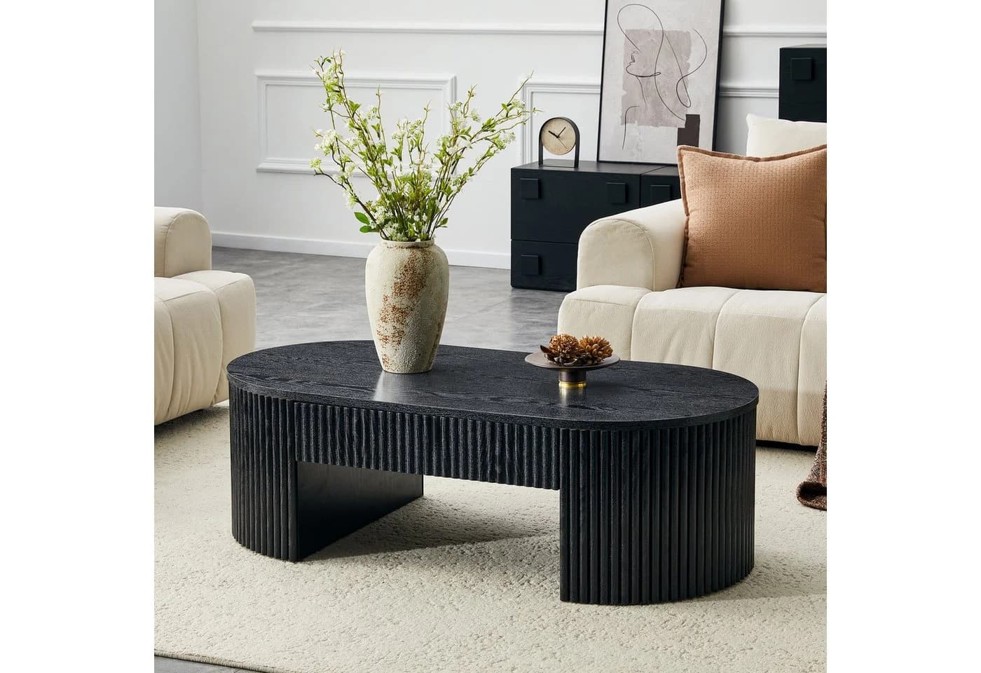 Celya Couchtisch Oval Schwarz mit Schublade und Fluted-Design - Bild 2