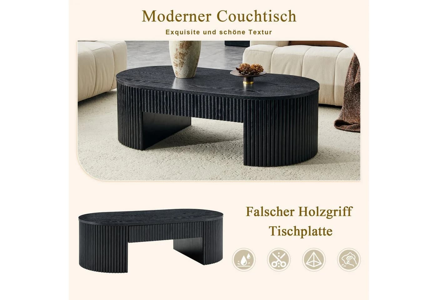 Celya Couchtisch Oval Schwarz mit Schublade und Fluted-Design - Bild 3
