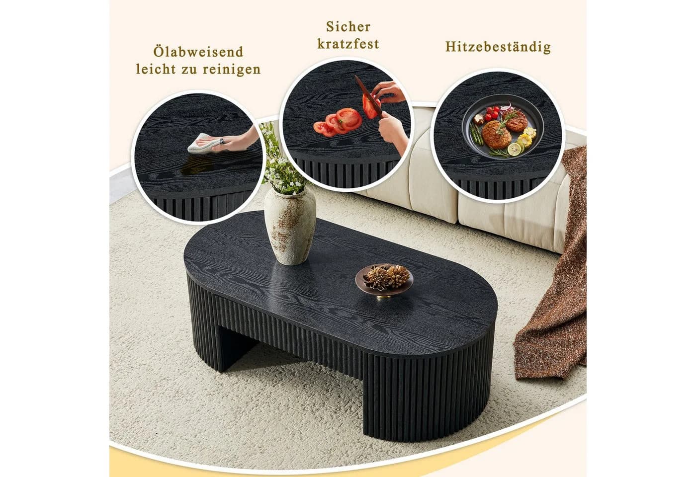Celya Couchtisch Oval Schwarz mit Schublade und Fluted-Design - Bild 4