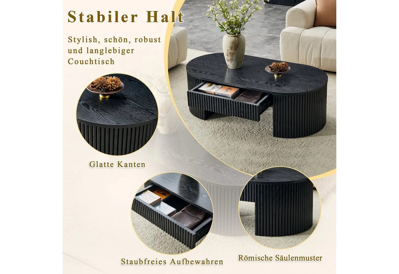 Celya Couchtisch Oval Schwarz mit Schublade und Fluted-Design - Bild 5