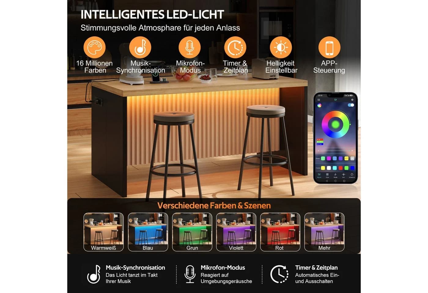 Celya Kücheninsel mit LED-Beleuchtung, 2 Steckdosen und USB, Industrie-Design - Bild 3