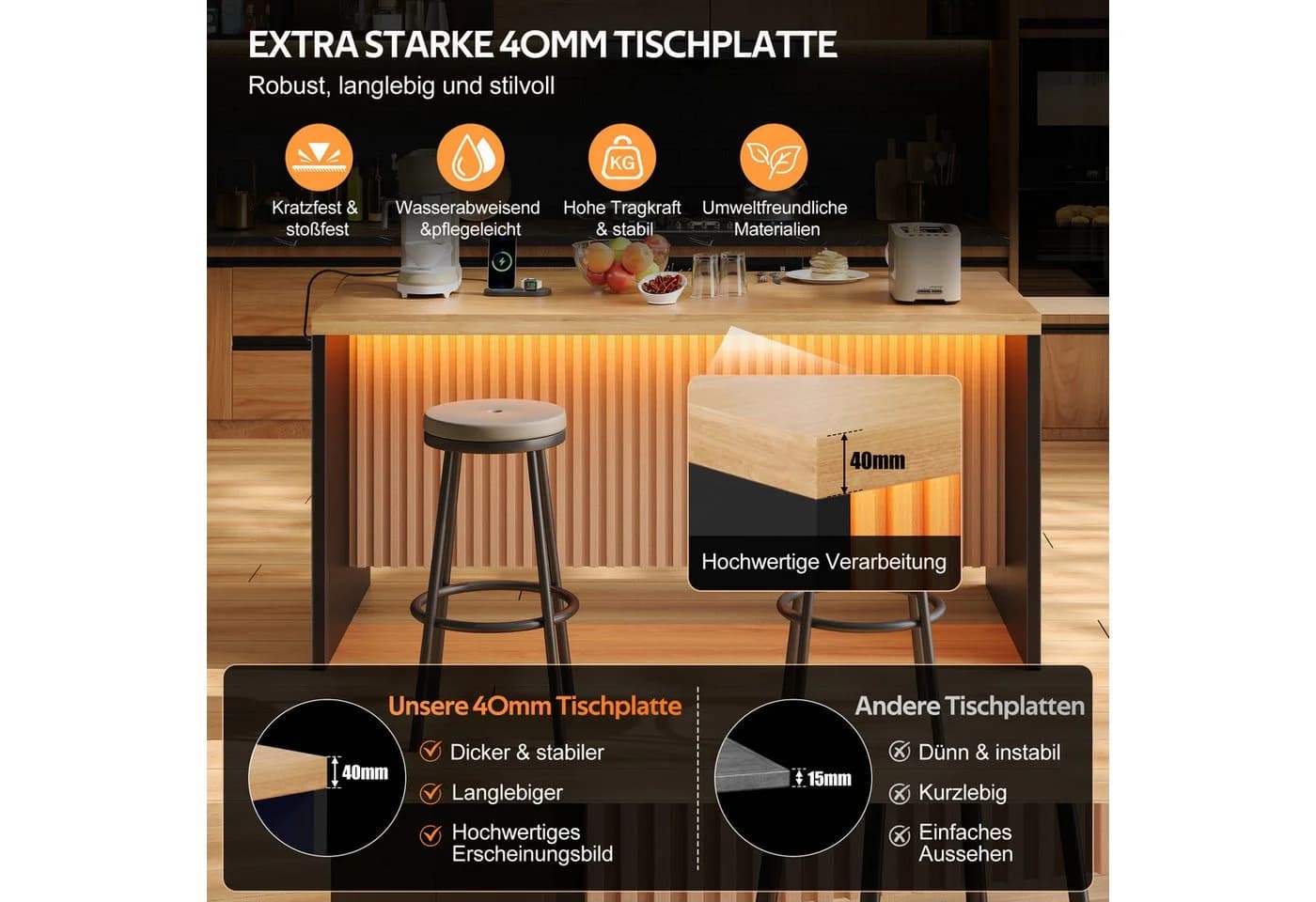 Celya Kücheninsel mit LED-Beleuchtung, 2 Steckdosen und USB, Industrie-Design - Bild 5