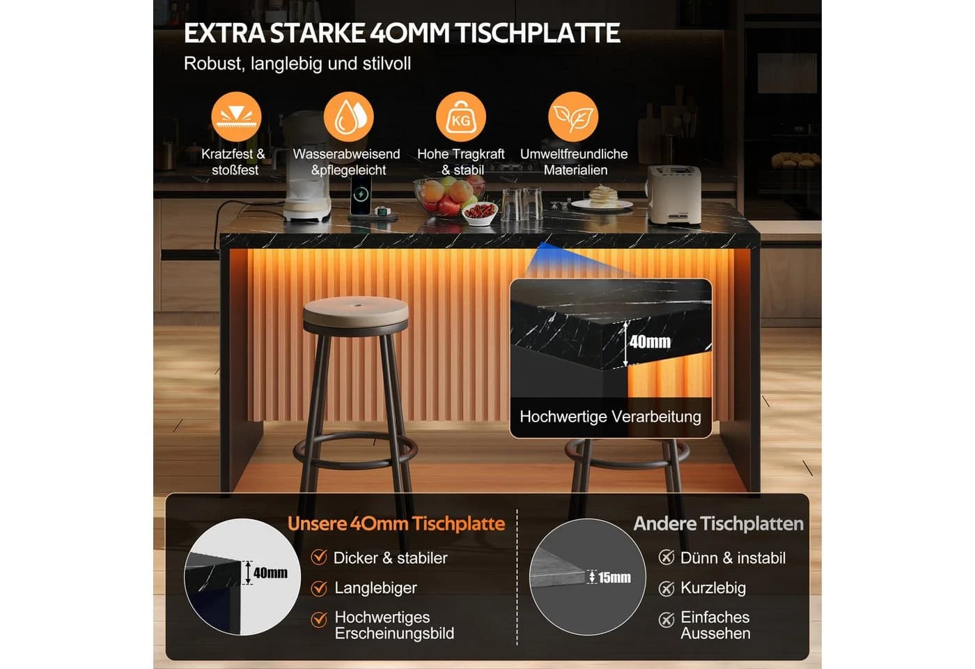 Celya Kücheninsel Industrie-Design Schwarz mit LED-Beleuchtung und Steckdosen - Bild 5
