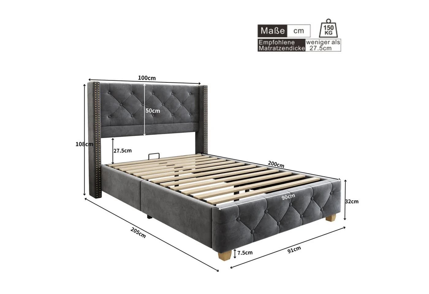 Celya Polsterbett 90x200 grau mit Lattenrost und Knopfpolsterung