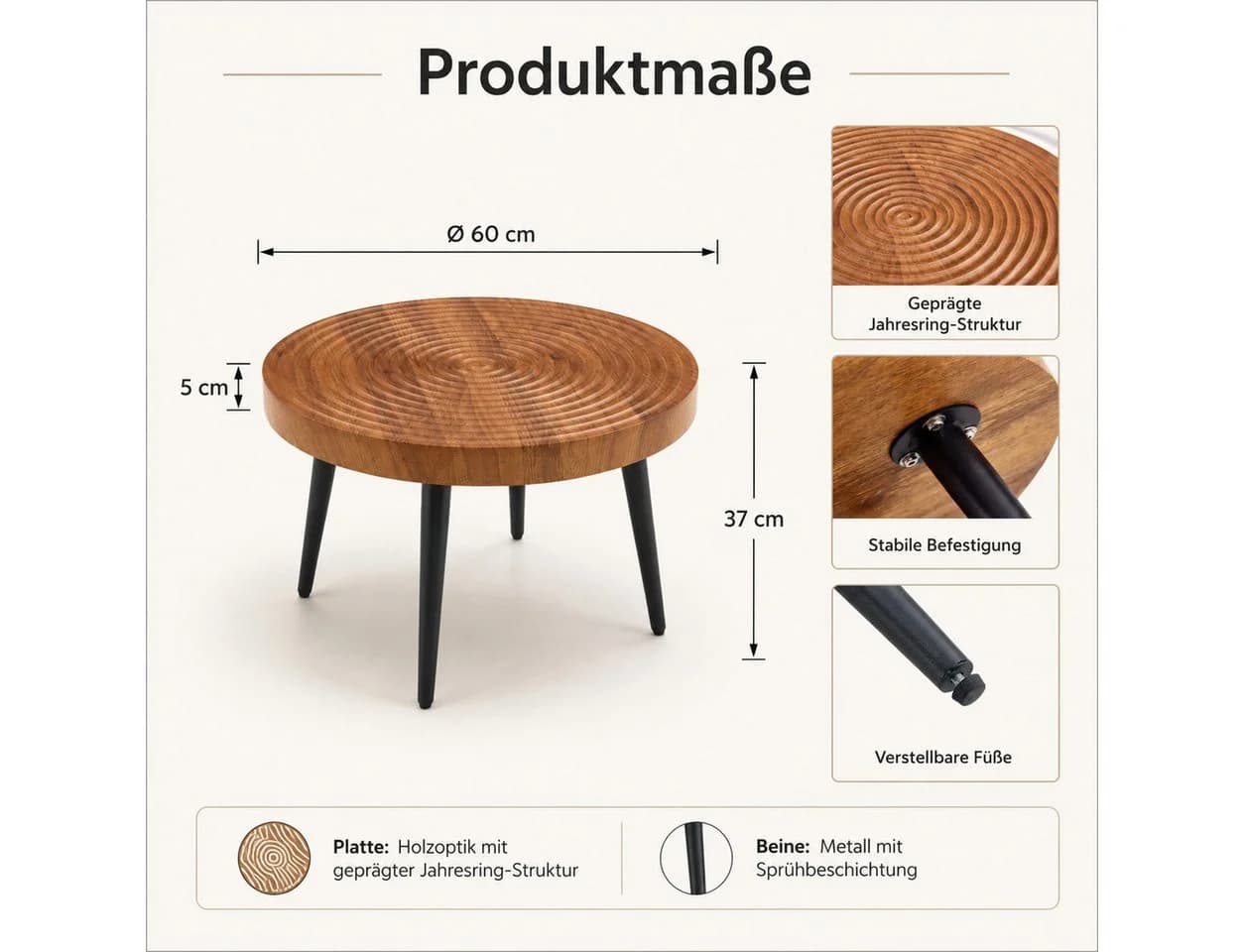 Celya Couchtisch Moderner runder Beistelltisch Braun/Schwarz