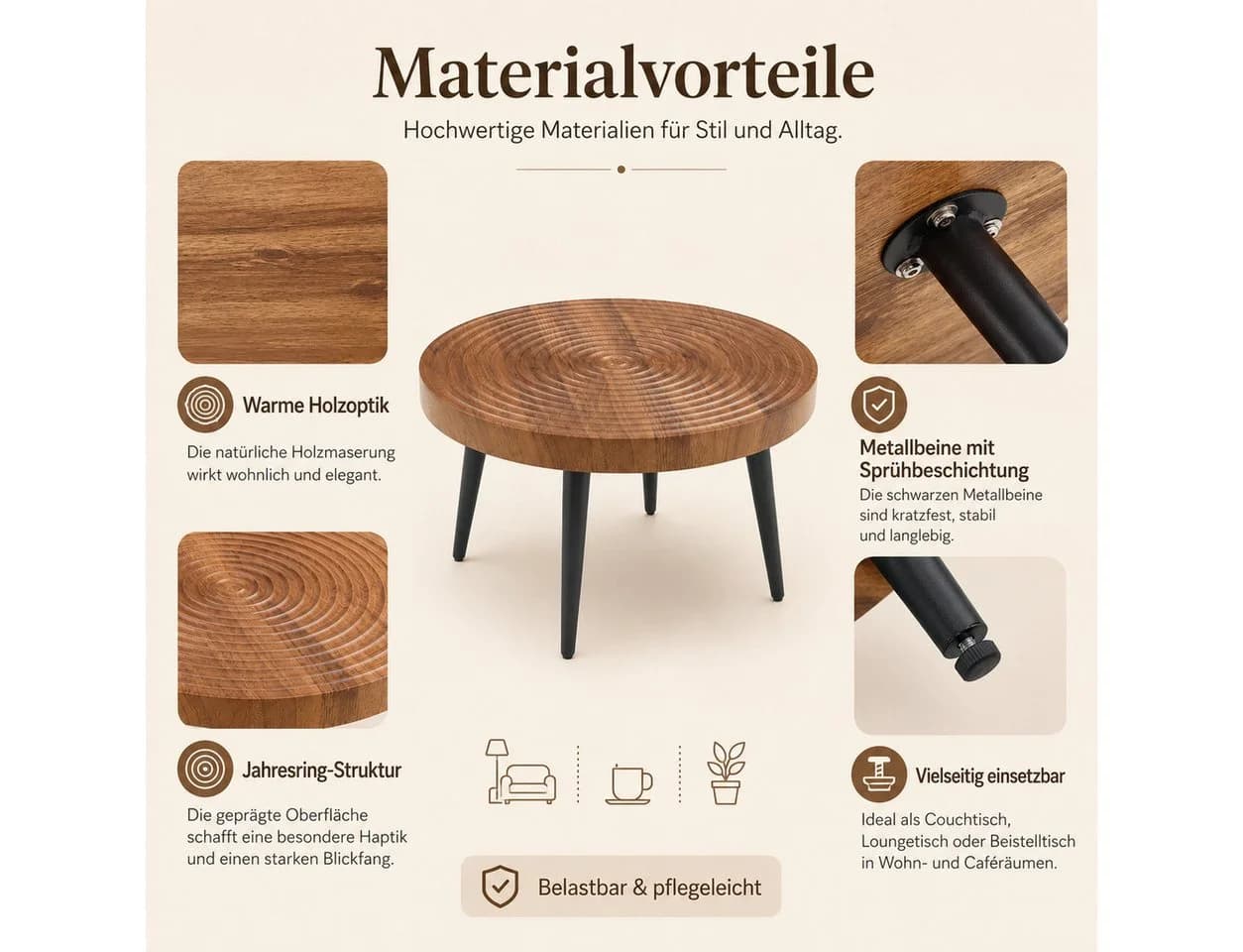 Celya Couchtisch Moderner runder Beistelltisch Braun/Schwarz - Bild 5