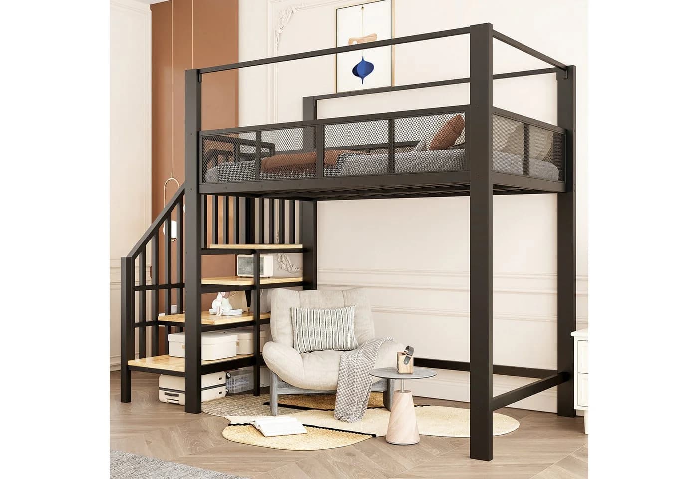 Celya Hochbett Metall Schwarz mit Stauraumtreppe und Sicherheitsgitter - Bild 2