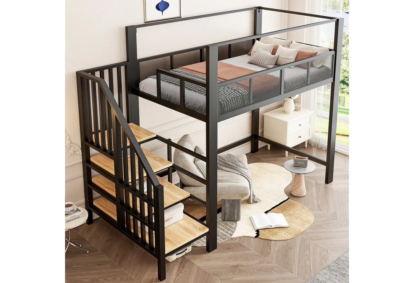 Celya Hochbett Metall Schwarz mit Stauraumtreppe und Sicherheitsgitter - Bild 3