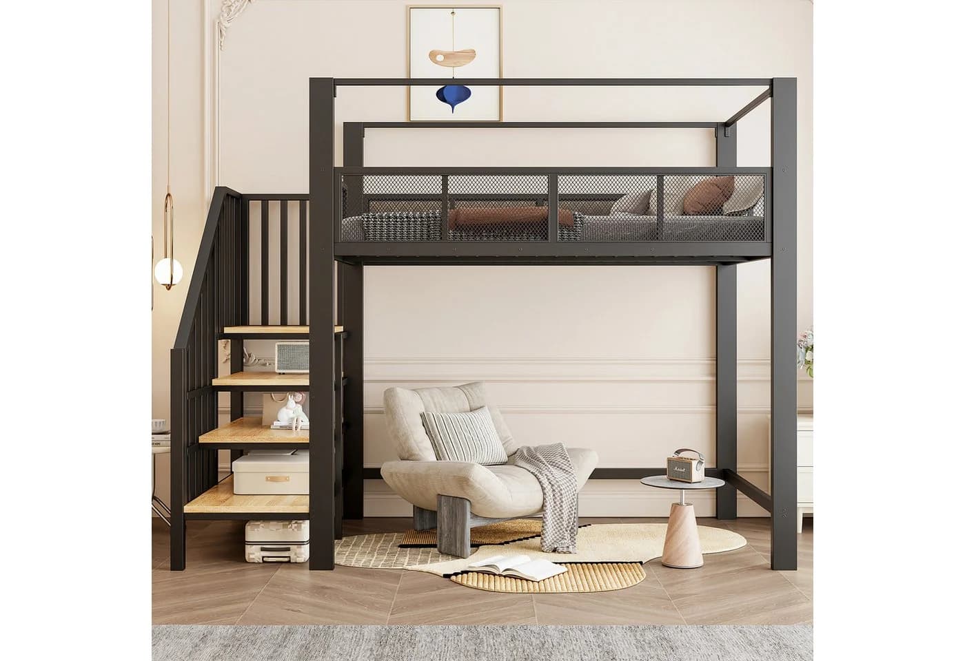 Celya Hochbett Metall Schwarz mit Stauraumtreppe und Sicherheitsgitter - Bild 4