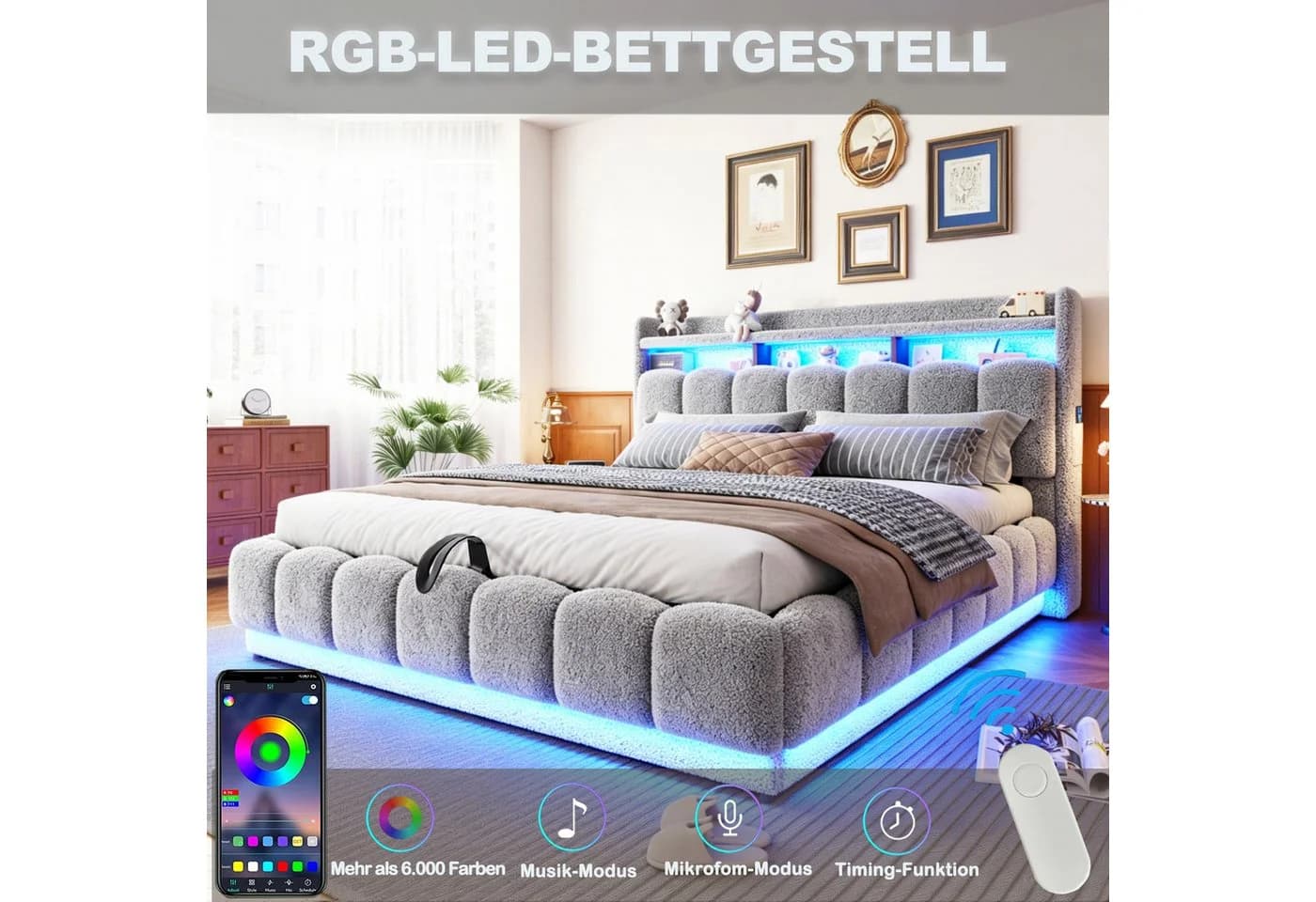 Celya Polsterbett 180x200 mit LED, USB & Stauraum grau - Bild 3