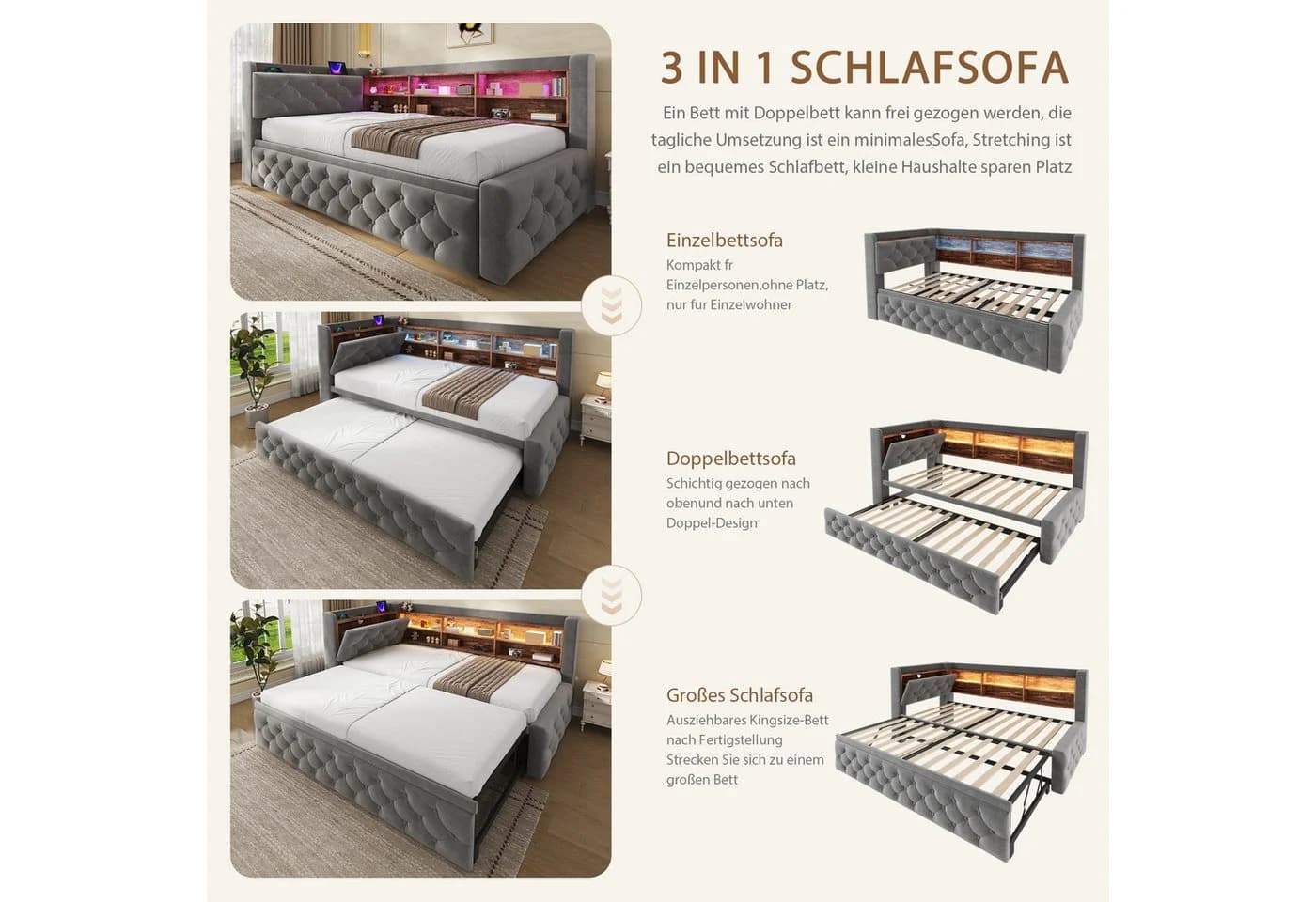 Celya Schlafsofa grau mit USB, LED & Stauraum - Bild 3