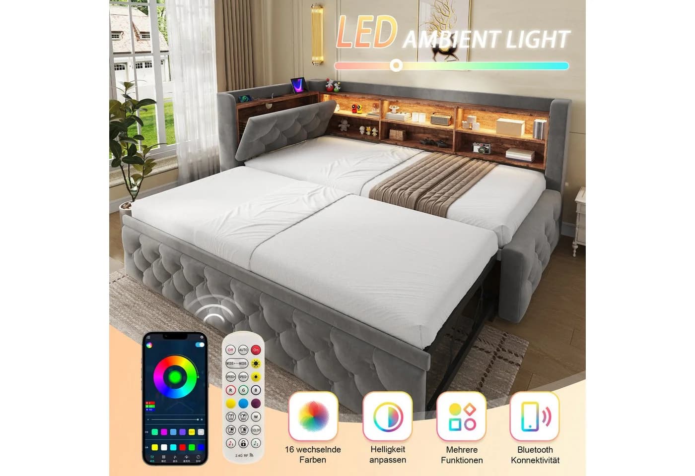 Celya Schlafsofa grau mit USB, LED & Stauraum - Bild 5