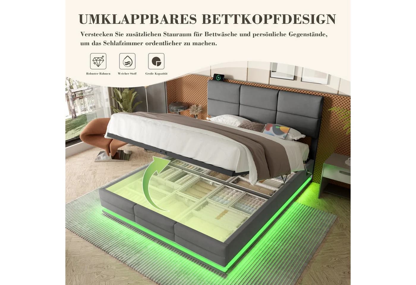Celya Polsterbett grau mit LED-Beleuchtung, USB-Anschlüssen und Stauraum - Bild 3