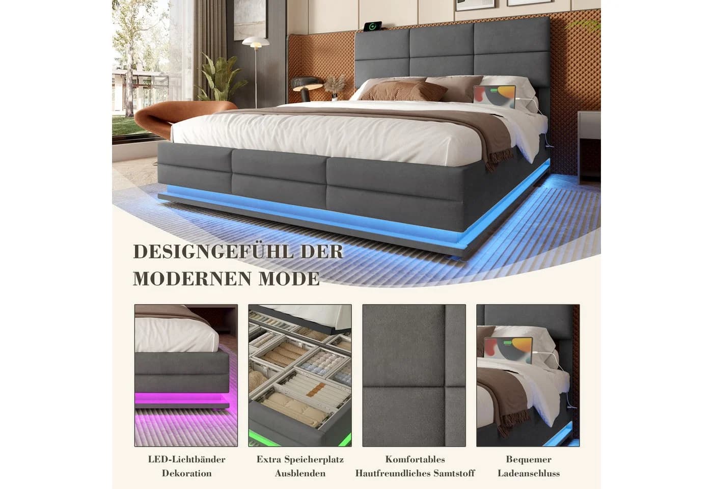 Celya Polsterbett grau mit LED-Beleuchtung, USB-Anschlüssen und Stauraum - Bild 5