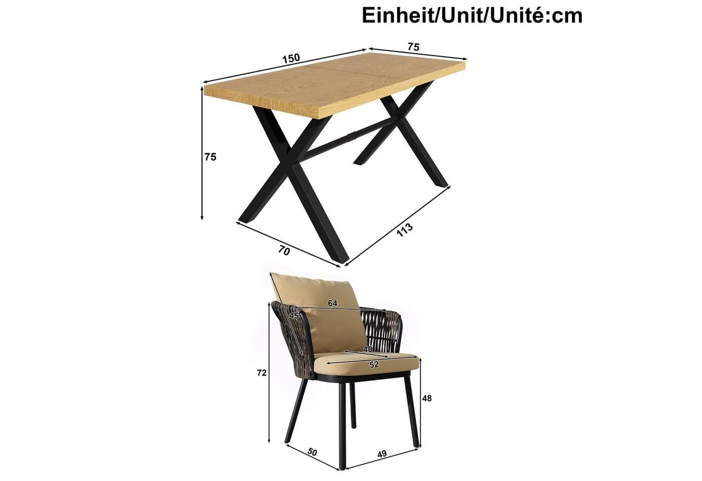 Celya Garten-Essgruppe 6-tlg. Beige PE-Rattan mit Kissen