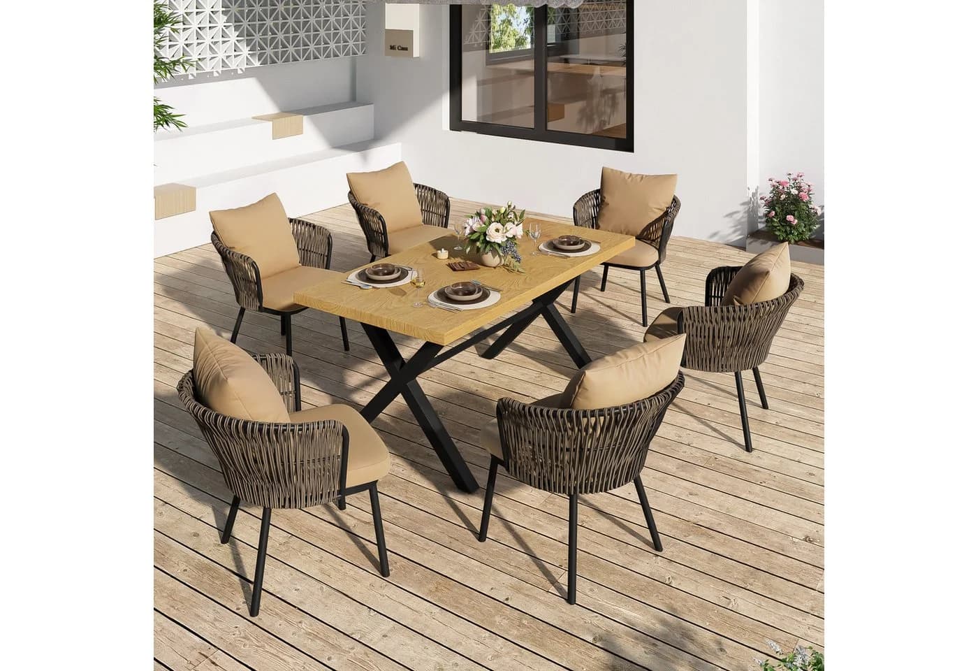 Celya Garten-Essgruppe 6-tlg. Beige PE-Rattan mit Kissen - Bild 2