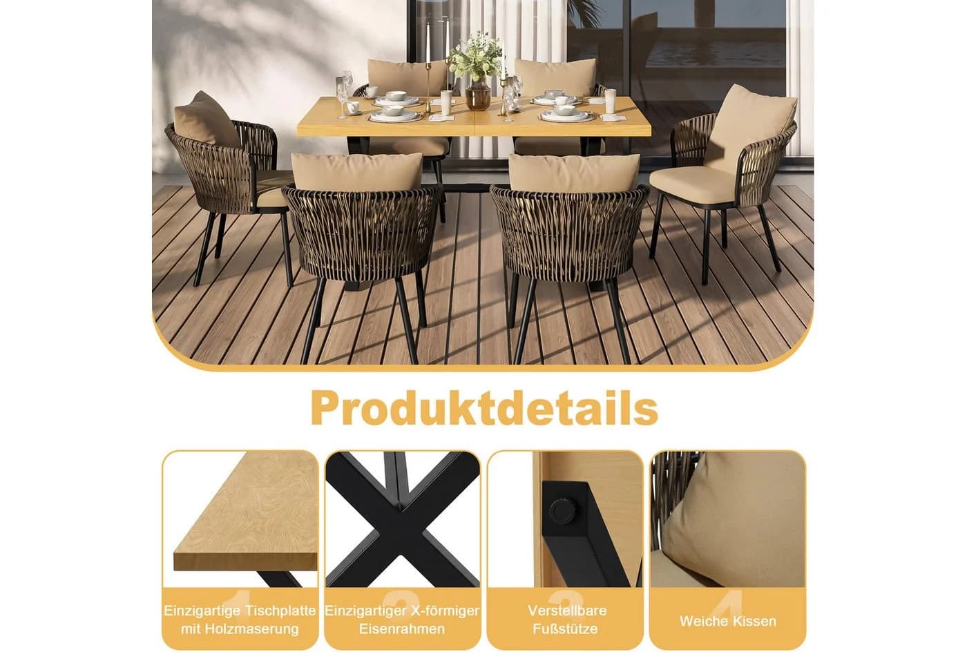 Celya Garten-Essgruppe 6-tlg. Beige PE-Rattan mit Kissen - Bild 3
