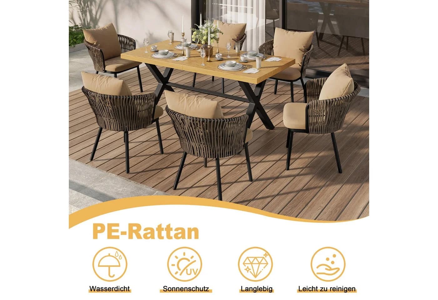 Celya Garten-Essgruppe 6-tlg. Beige PE-Rattan mit Kissen - Bild 4