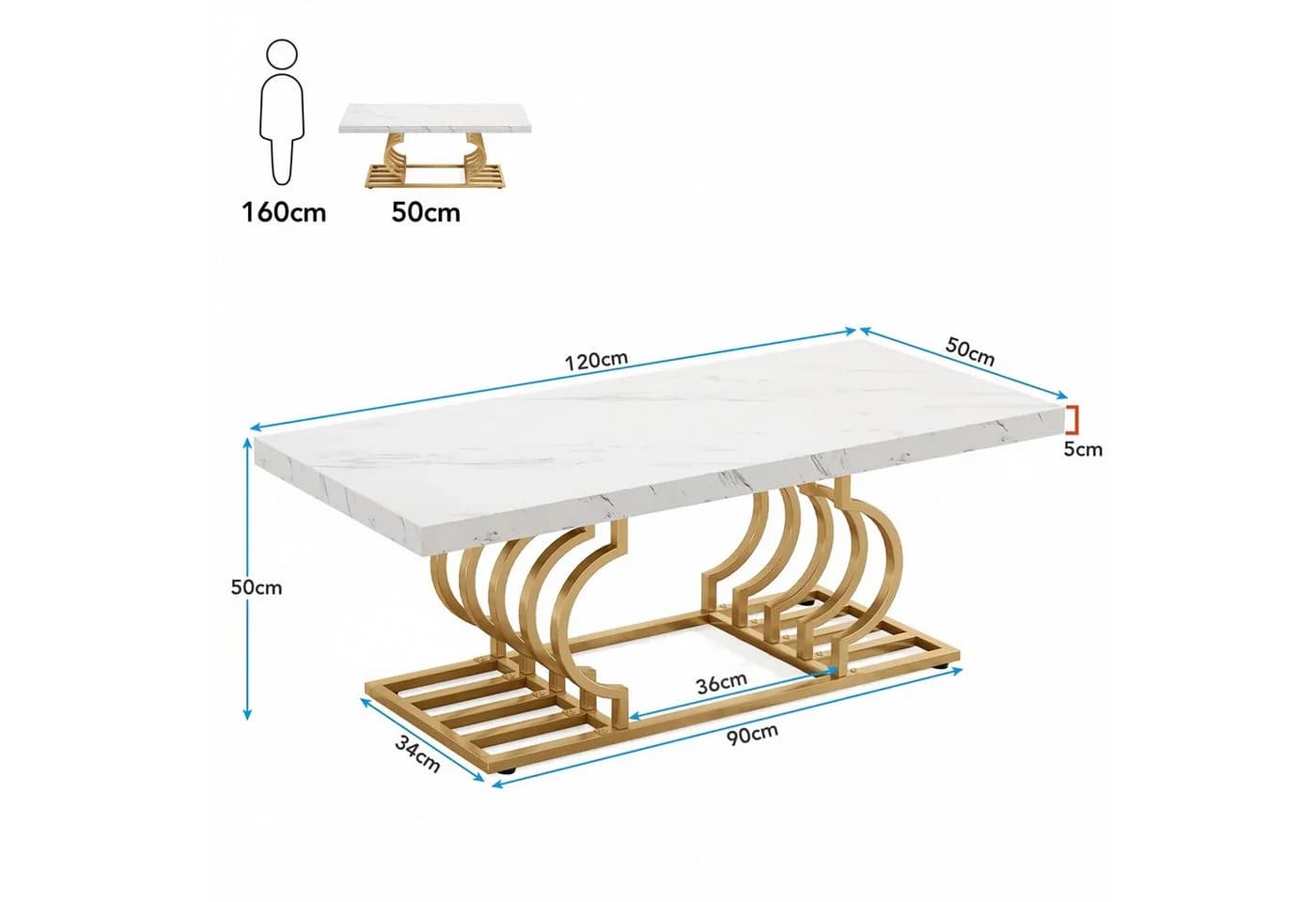 Celya Couchtisch Cocktailtisch Weiß Gold Geometrisches Gestell