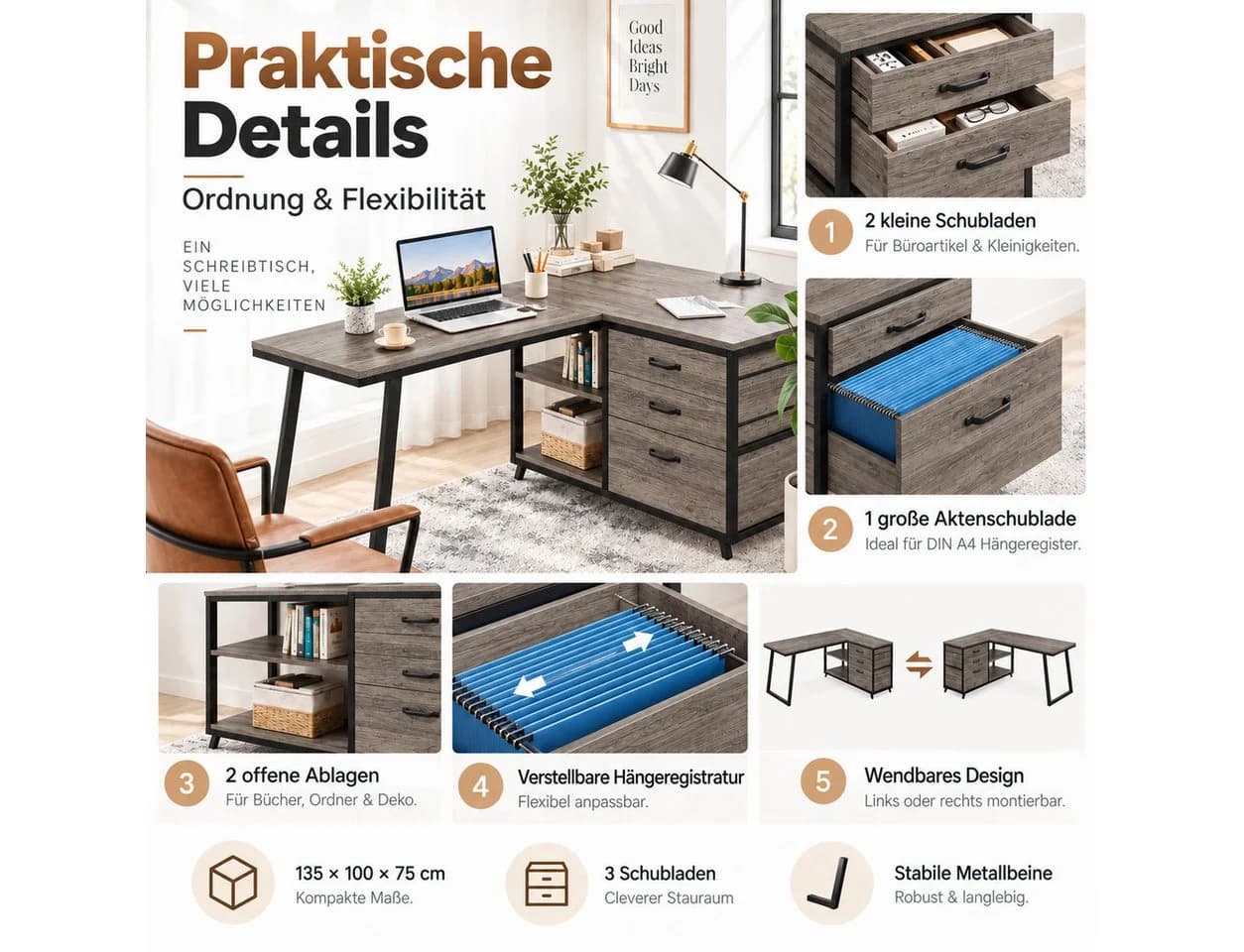 Celya Computertisch L-förmig Grau mit Schubladen - Bild 4