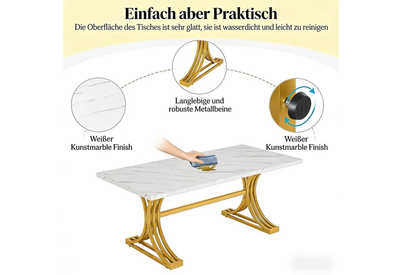 Celya Esstisch Kunstmarmor Weiß-Gold Modern