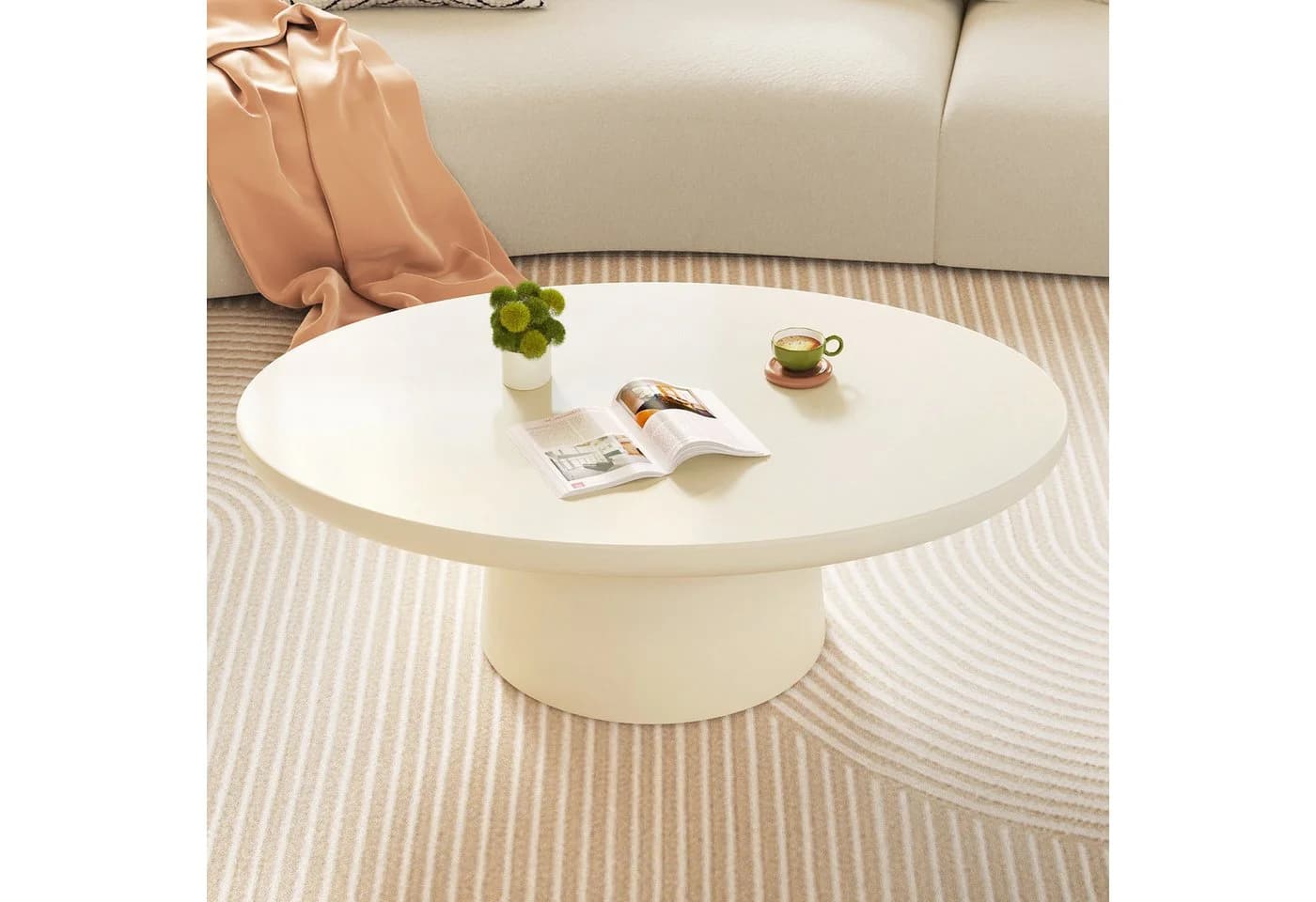 Guyii Couchtisch Oval Cremeweiß Minimalistischer Kaffeetisch - Bild 2