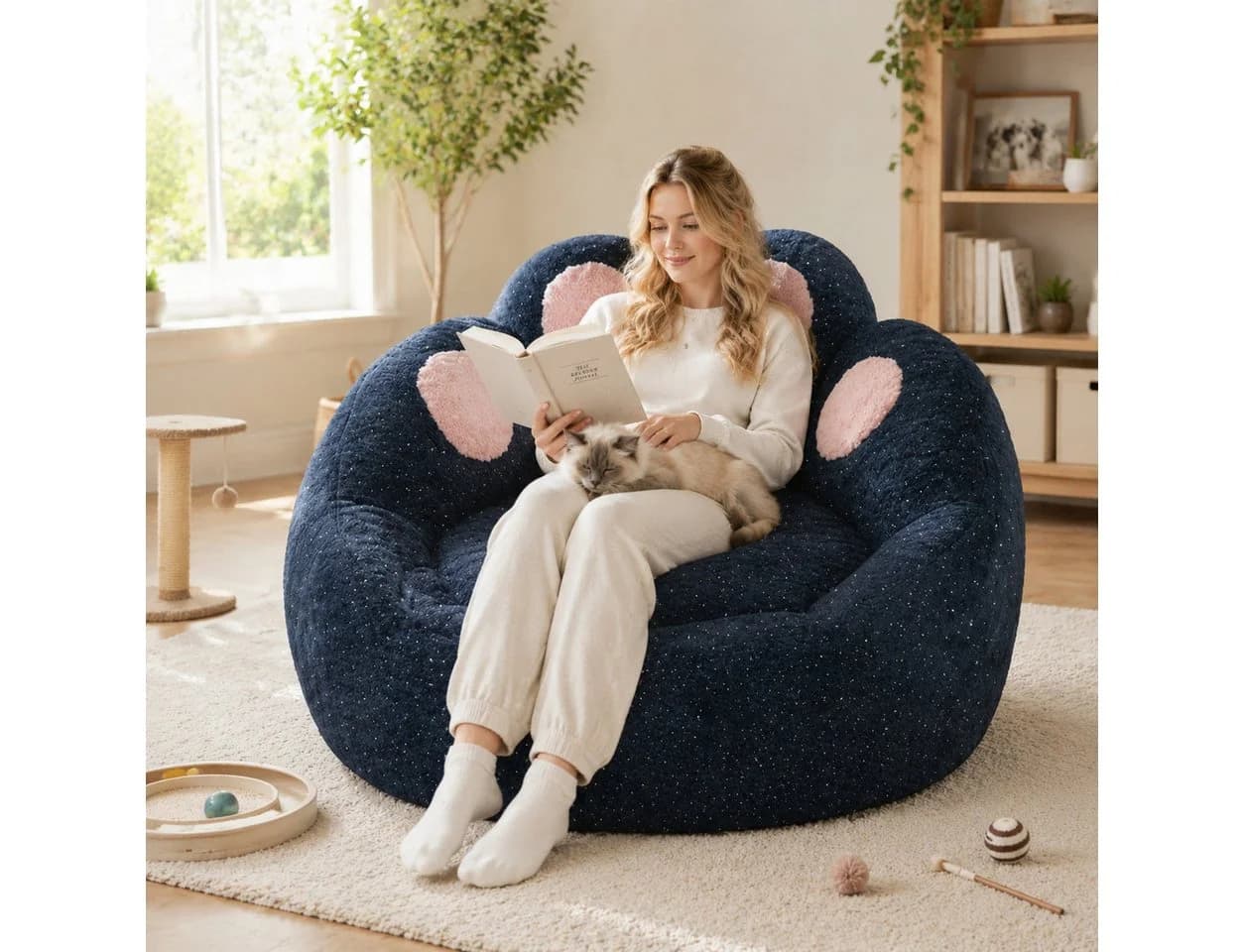 VUZINIC Sitzsack Katzenpfoten Glitzerndes Plüsch Bodensofa Rosa Silber - Bild 2