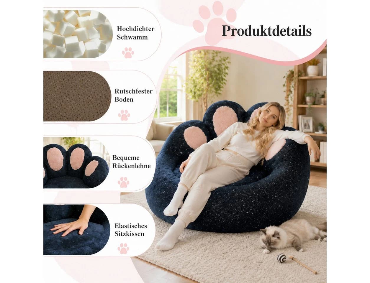 VUZINIC Sitzsack Katzenpfoten Glitzerndes Plüsch Bodensofa Rosa Silber - Bild 5