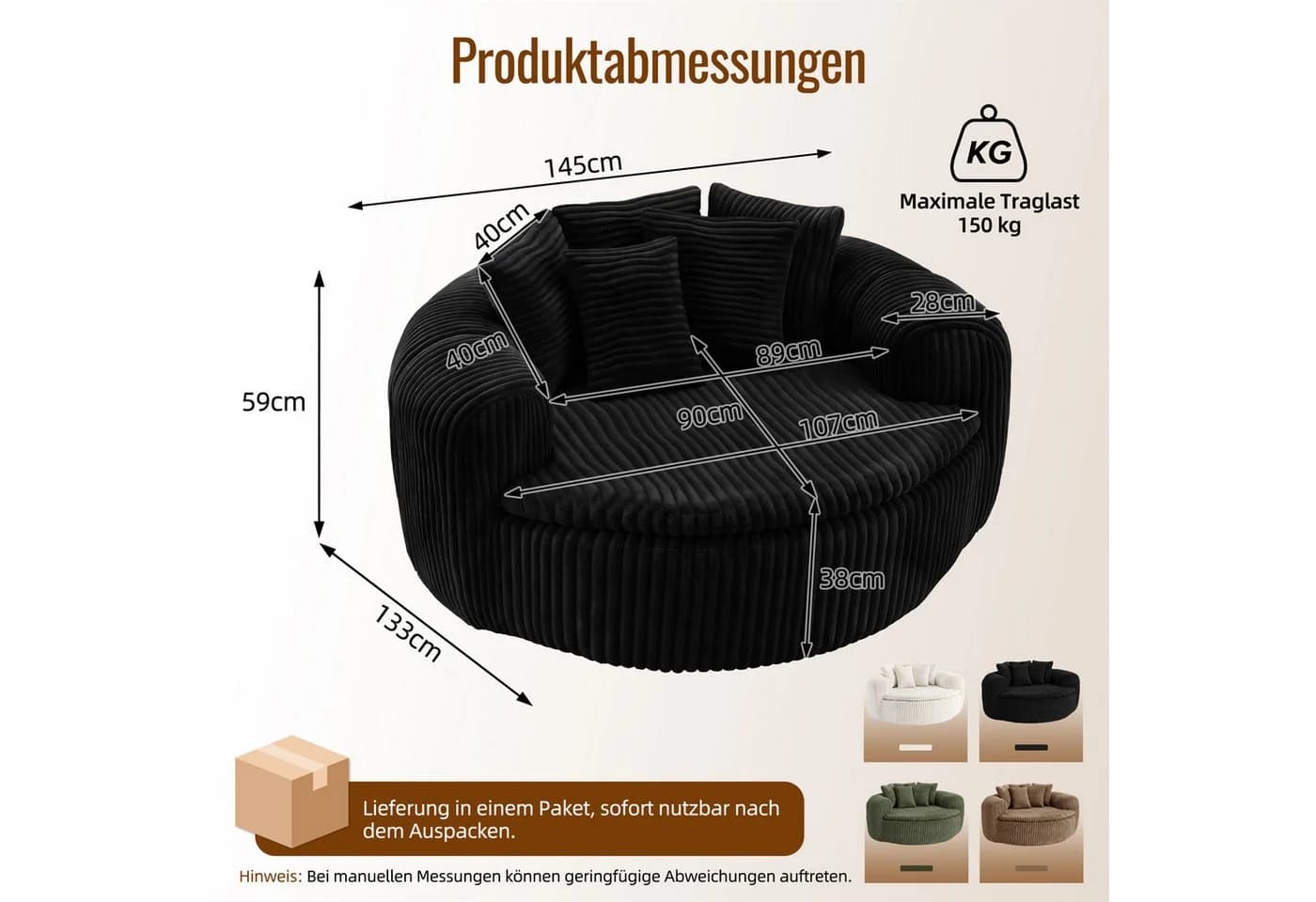 Celya Sitzsack Schwarz mit gepolstertem tiefem Sitz und 5 Kissen