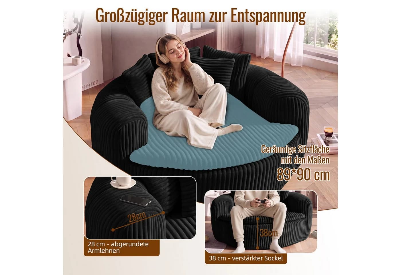Celya Sitzsack Schwarz mit gepolstertem tiefem Sitz und 5 Kissen - Bild 4