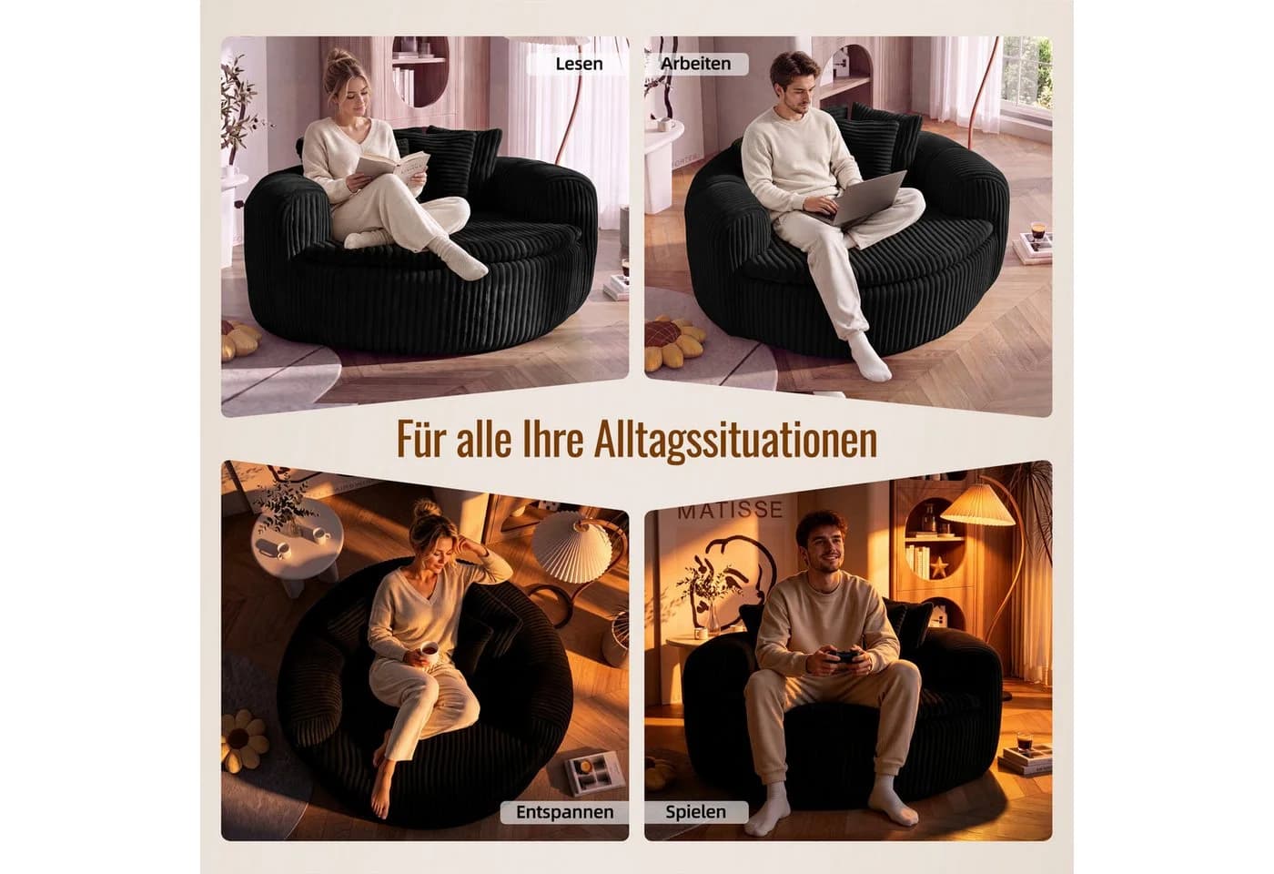 Celya Sitzsack Schwarz mit gepolstertem tiefem Sitz und 5 Kissen - Bild 5