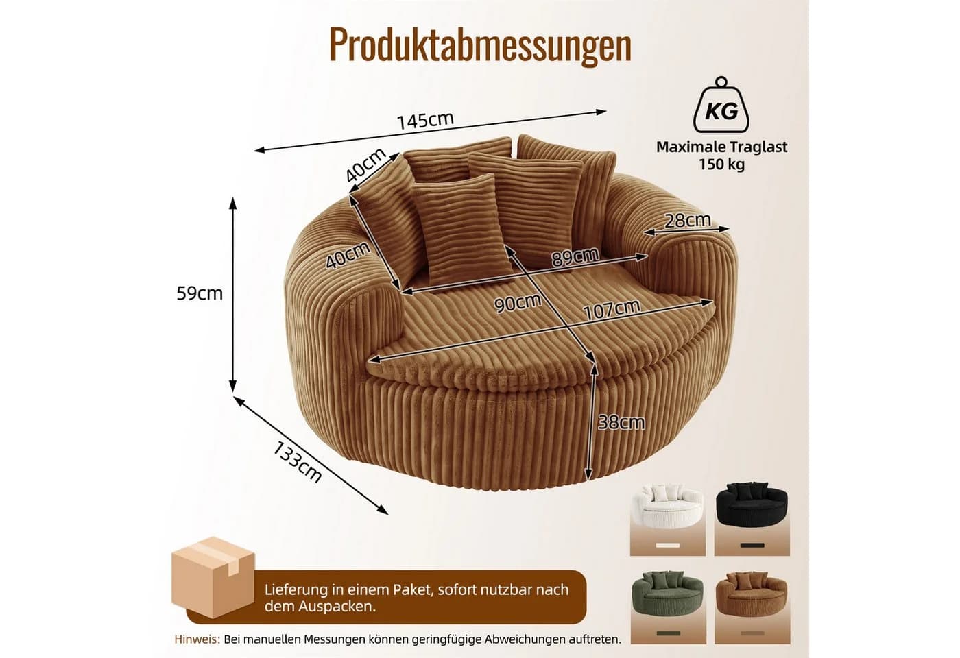 Celya Loungesessel Braun Cordstoff mit 5 Kissen