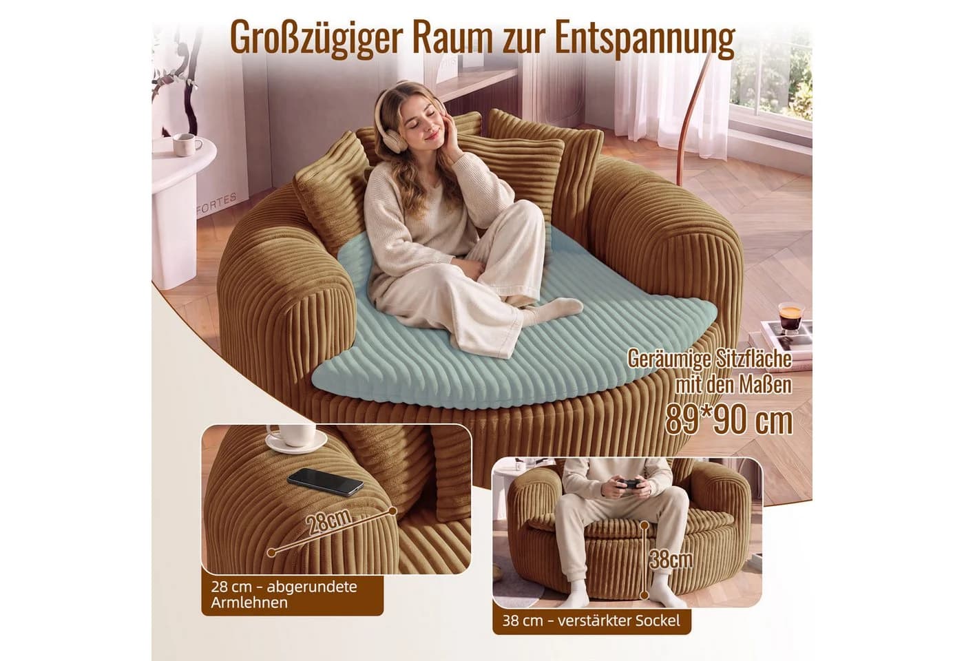 Celya Loungesessel Braun Cordstoff mit 5 Kissen - Bild 4