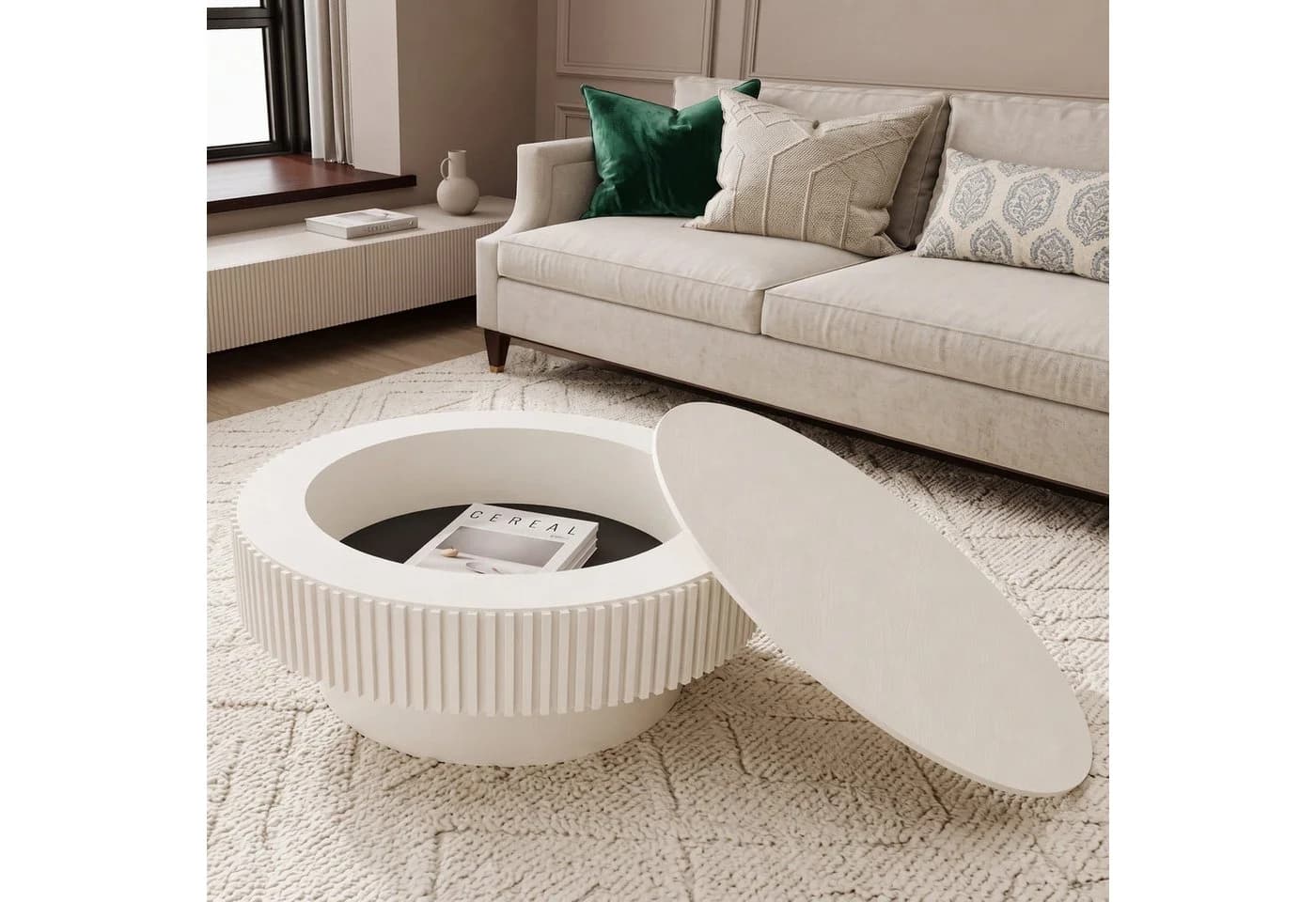 Celya Couchtisch rund 75 cm Weiß Versteckter Stauraum Pilzdesign - Bild 2