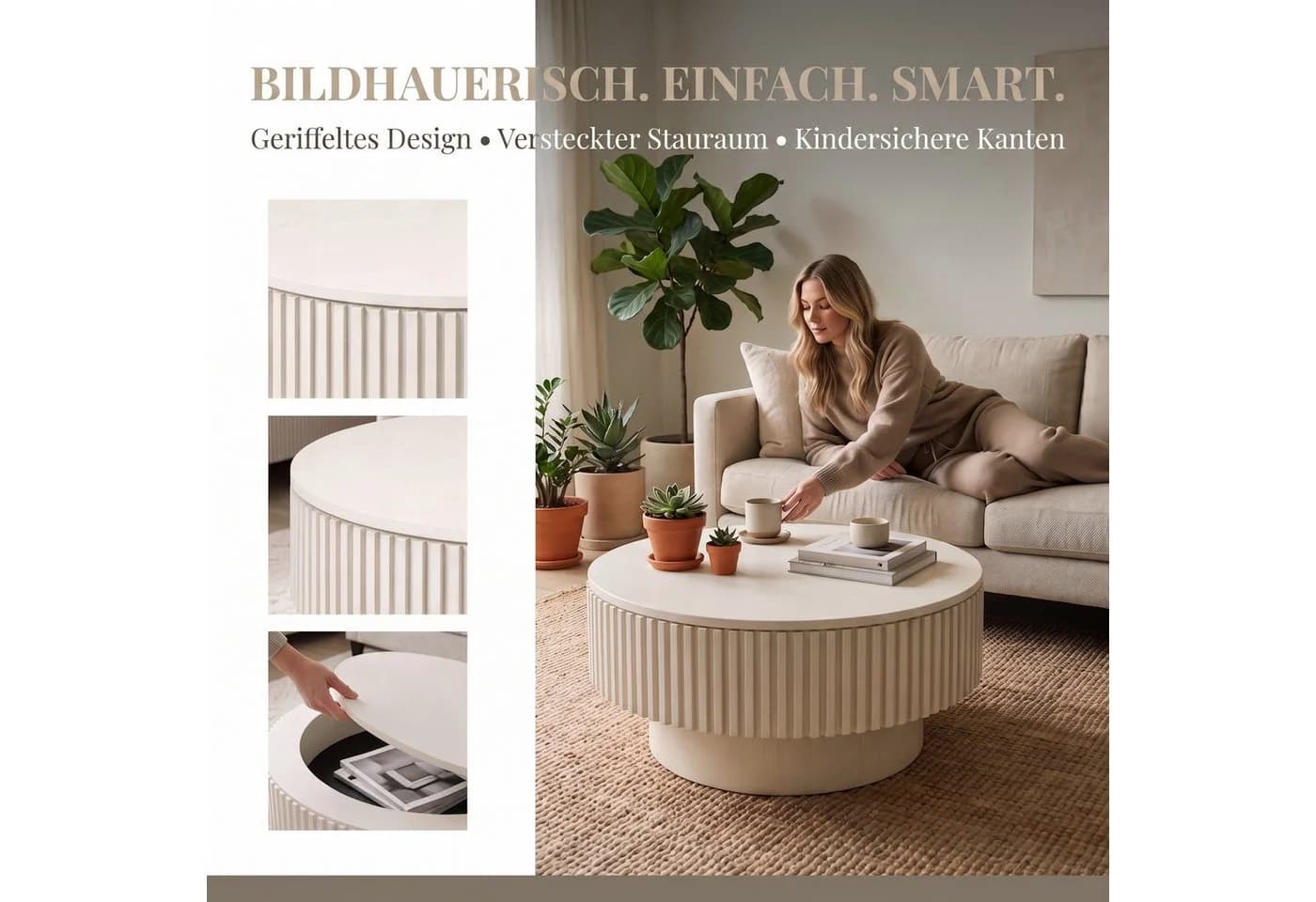 Celya Couchtisch rund 75 cm Weiß Versteckter Stauraum Pilzdesign - Bild 4