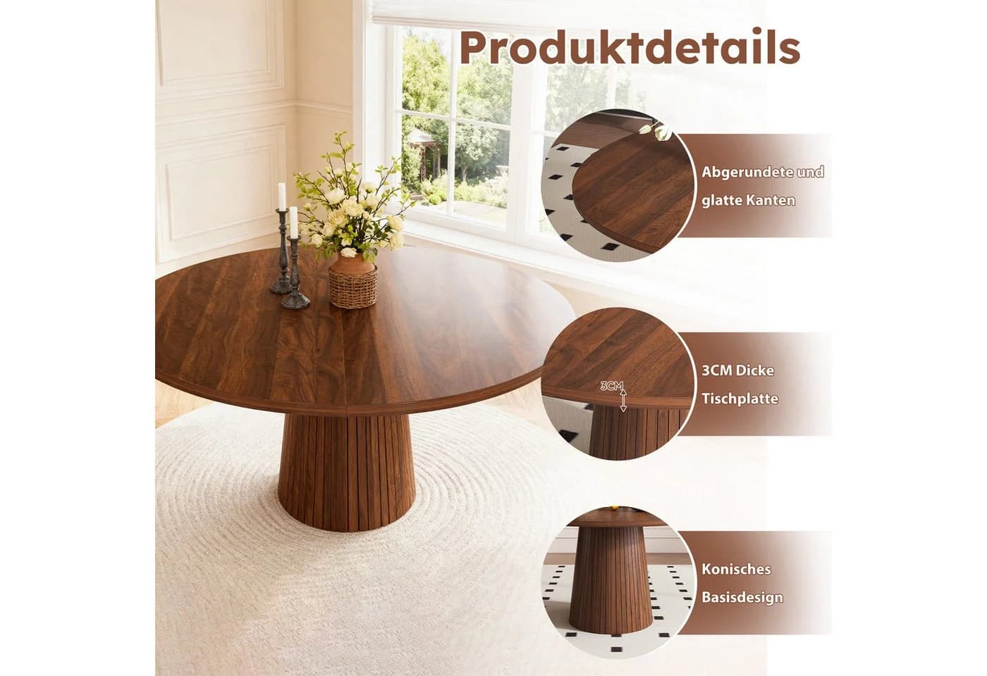 Celya Runder Esstisch 110 cm Landhausstil Walnussfurnier - Bild 5