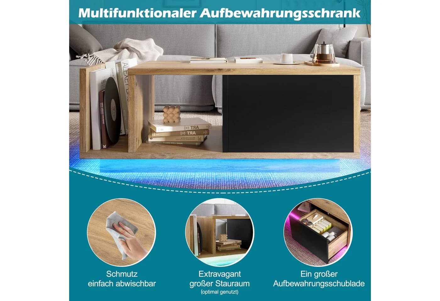 Celya Couchtisch Retro mit LED-Beleuchtung und Stauraum Beige/Schwarz - Bild 4