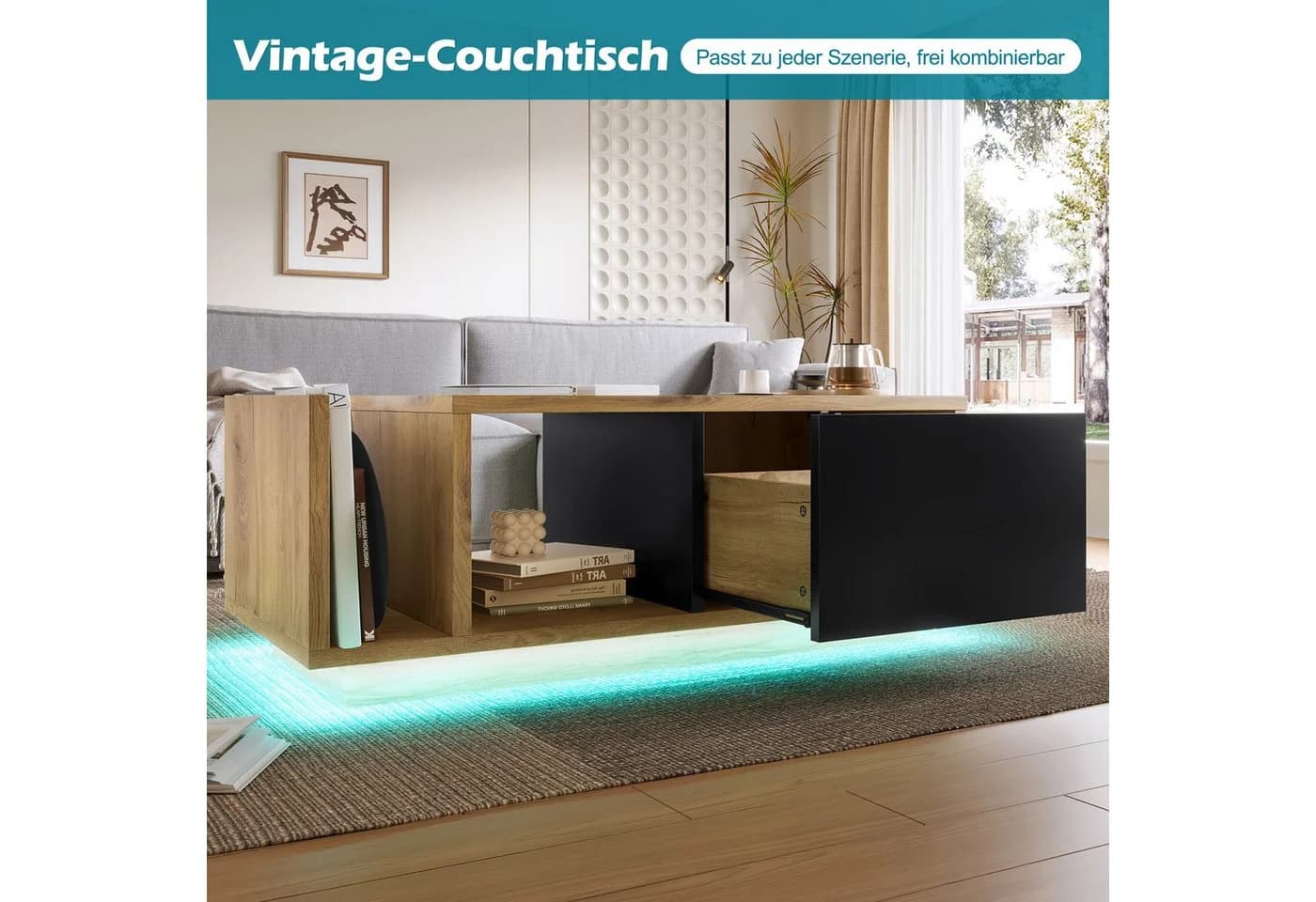 Celya Couchtisch Retro mit LED-Beleuchtung und Stauraum Beige/Schwarz - Bild 5