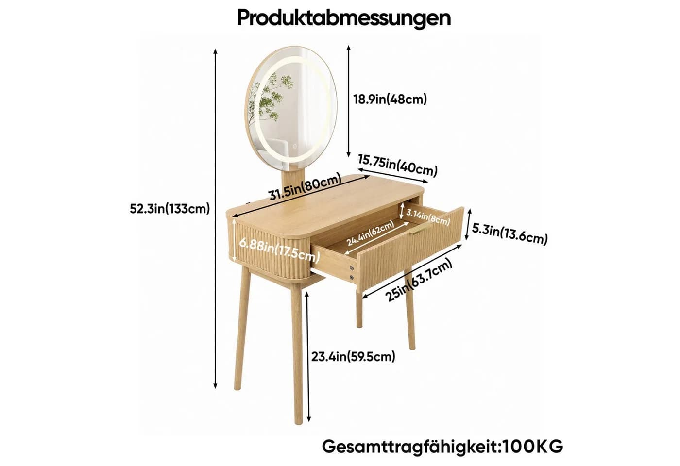 Celya Schminktisch mit LED-Spiegel und Schubladen Beige